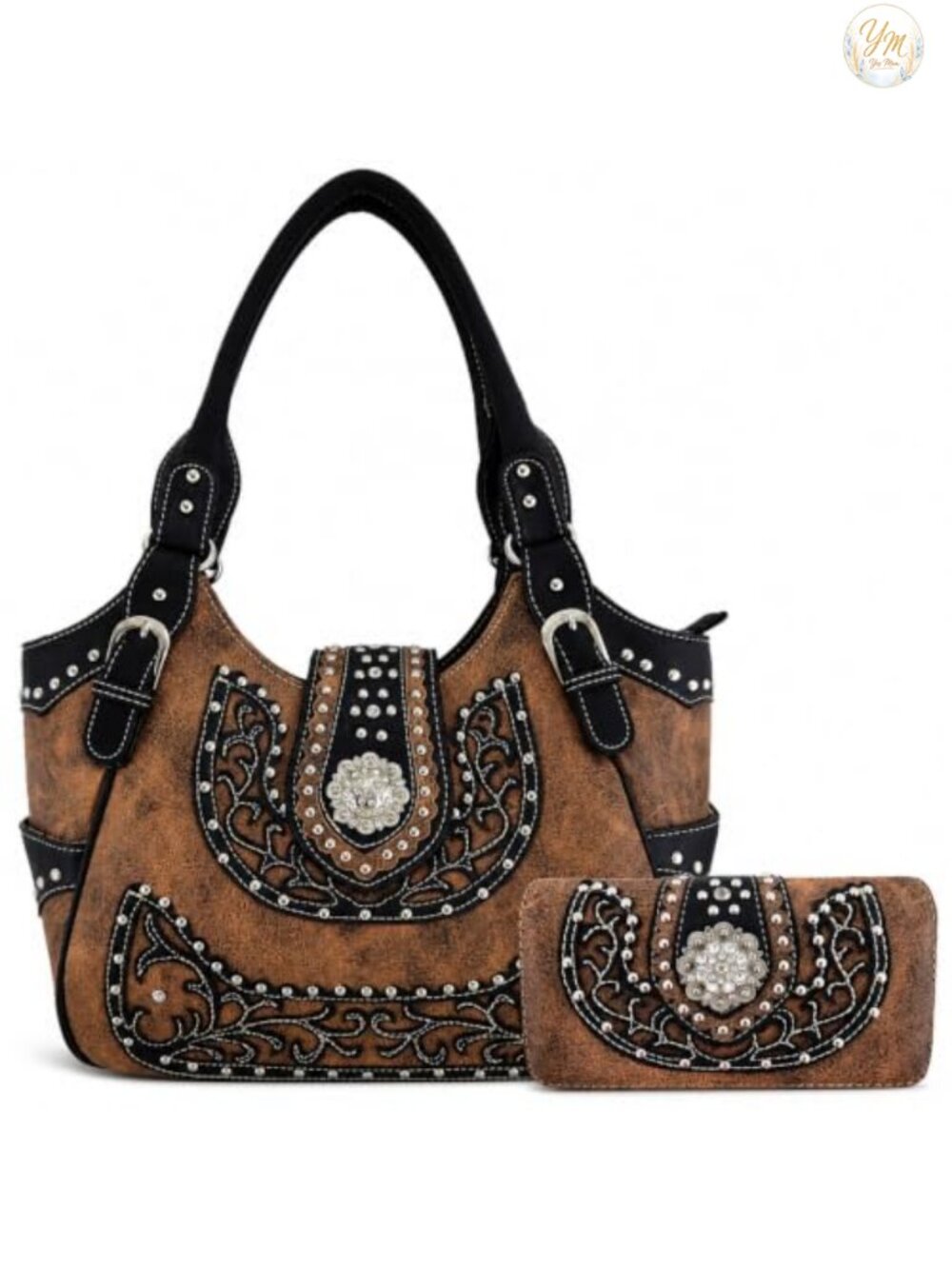 Western Purse and Wallet Set for Women, Studded Handbag, Faux Leather, Cowgirl